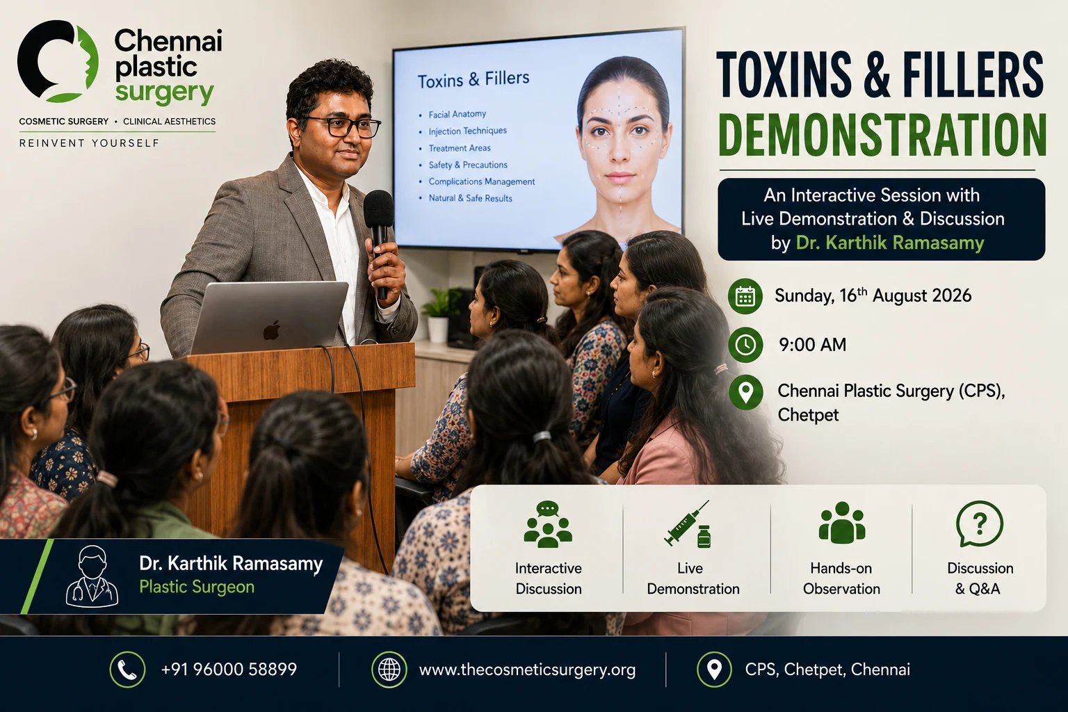 Dr. Karthik Ramasamy presenting a live toxins and fillers demonstration for Chennai Plastic Surgery.