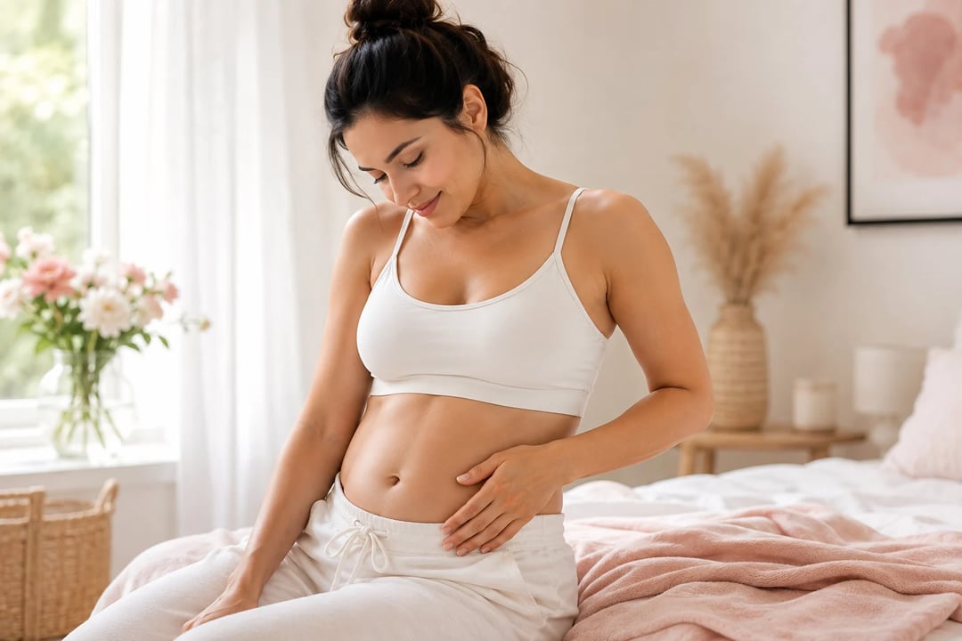 Woman sitting on a bed touching her smooth abdomen in a bright bedroom.