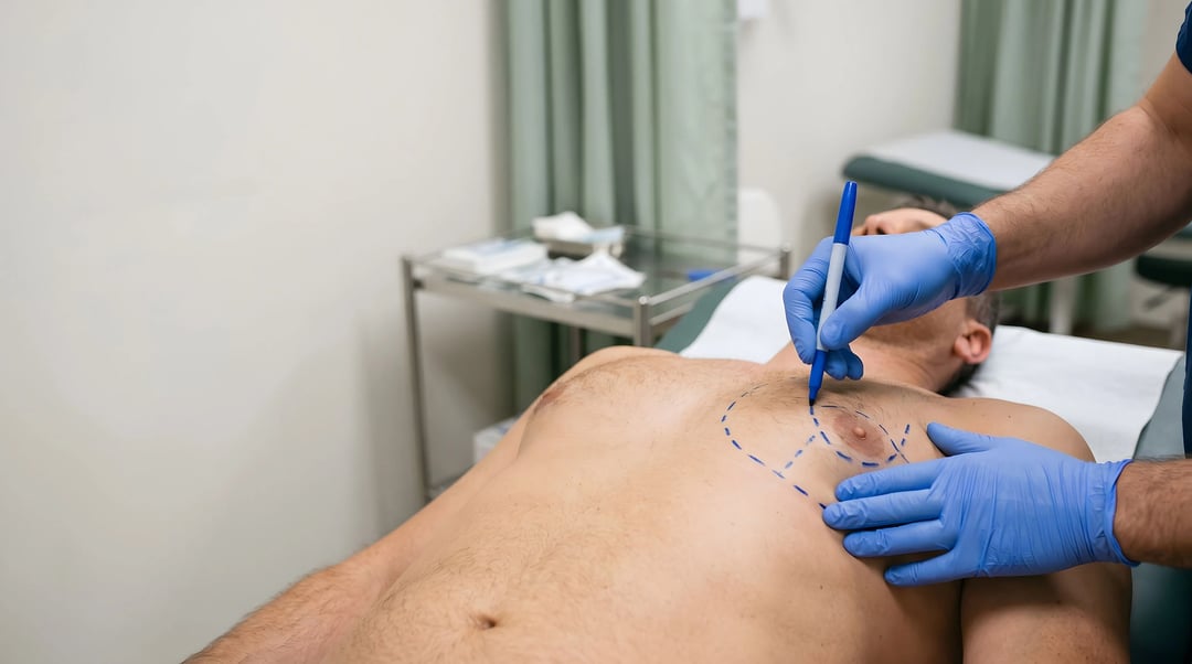 Plastic surgeon drawing preoperative markings on a male patient's chest for gynecomastia surgery.
